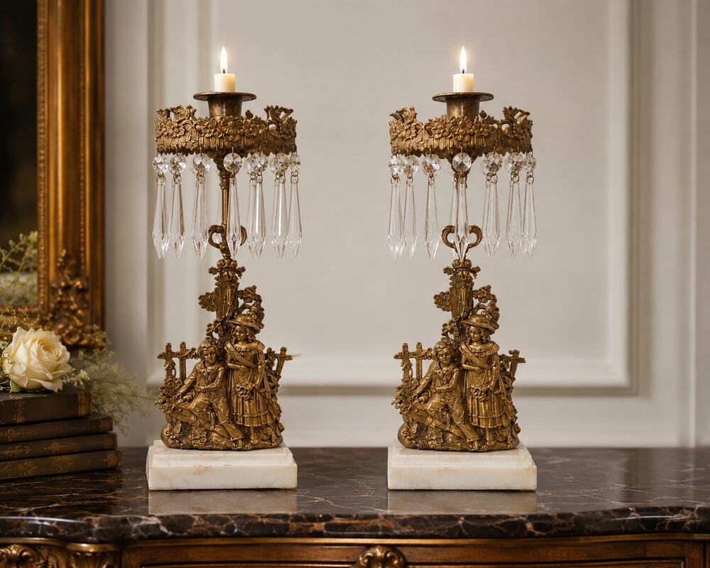 Antique Victorian Figural Girandole Candlesticks Pair Marble Crystal Prisms